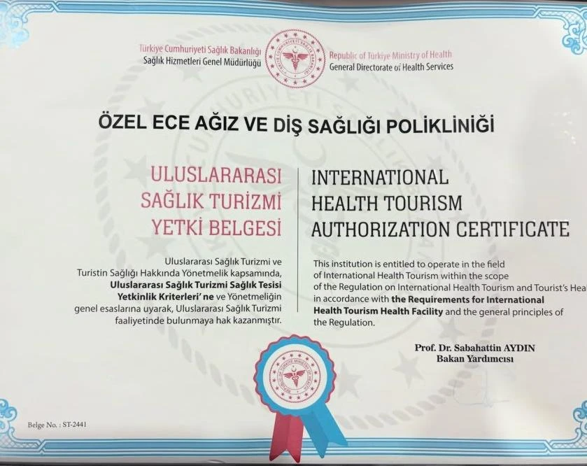 Özel Ece Ağız ve Diş Sağlığı Polikliniği uluslararası sağlık turizmi yetki belgesi